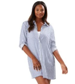 Tommy Bahama Women's Chambray Striped Boyfriend Cover Up Shirt