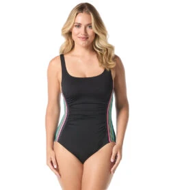 Gabar Women's Chlorine Resistant Sunrise Scoop Neck Ruched Front One Piece Swimsuit