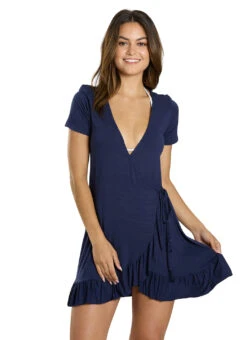 J.Valdi Women's Kira Slub Short Sleeve Ruffle Hem Wrap Cover Up Dress